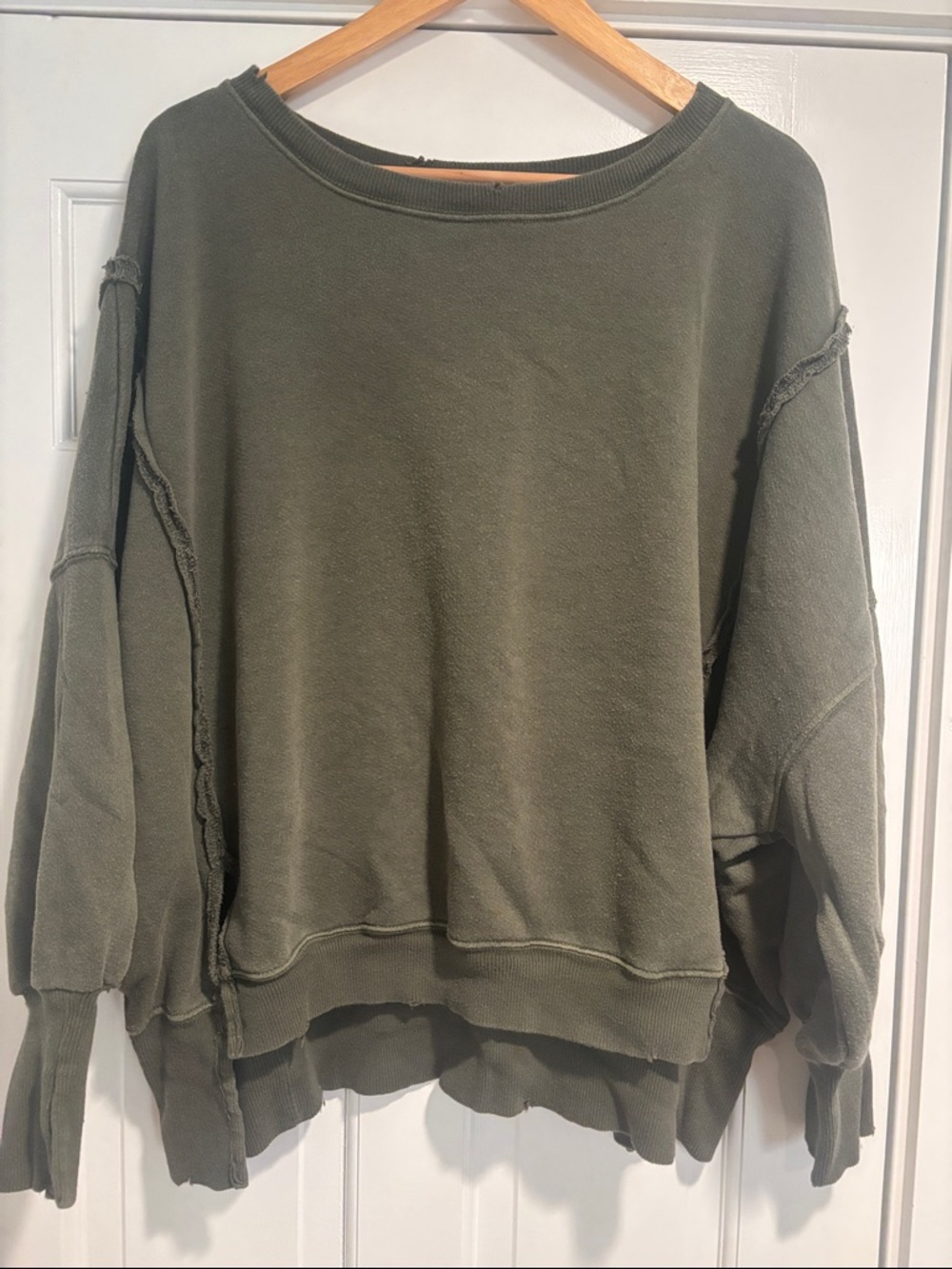 We The Free | Camden Olive Green Distressed Raw-Edge Pullover Sweatshirt